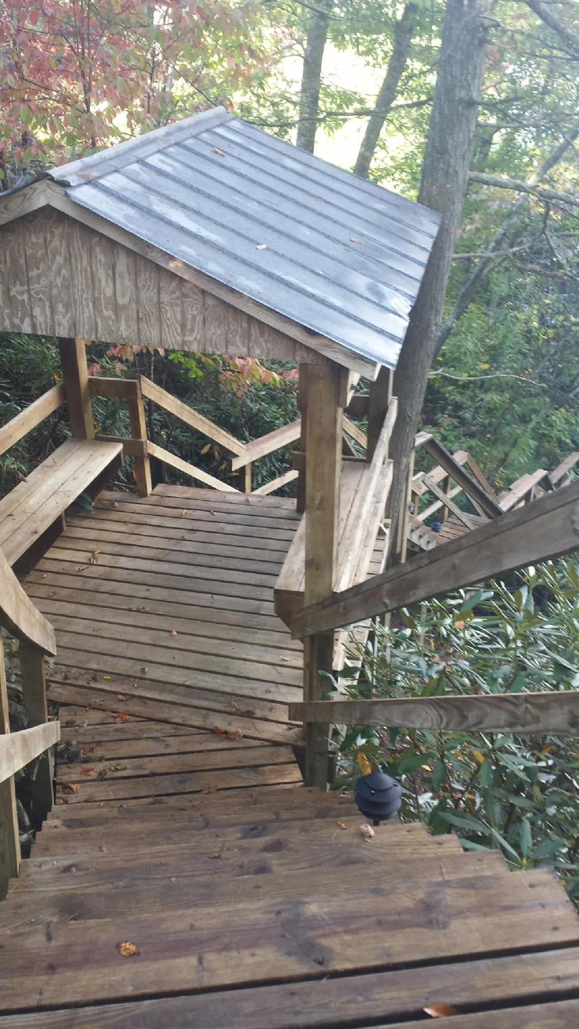Metal roofed shelter over wooden steps on a wooded walkway — Skylight Repair & Installation work by our crew in Peoria